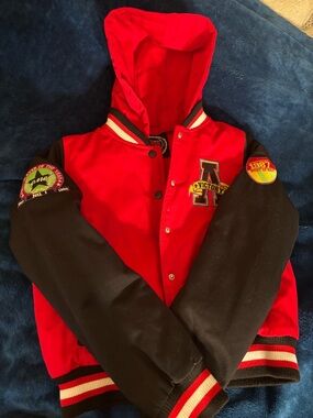 Red & Black Hooded Varsity Jacket with Patches